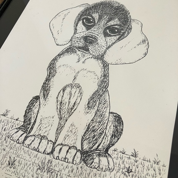 Beagle Puppy Dog Original Ink Drawing Framed Art Signed by Marie F Wood 1975 - Picture 4 of 5